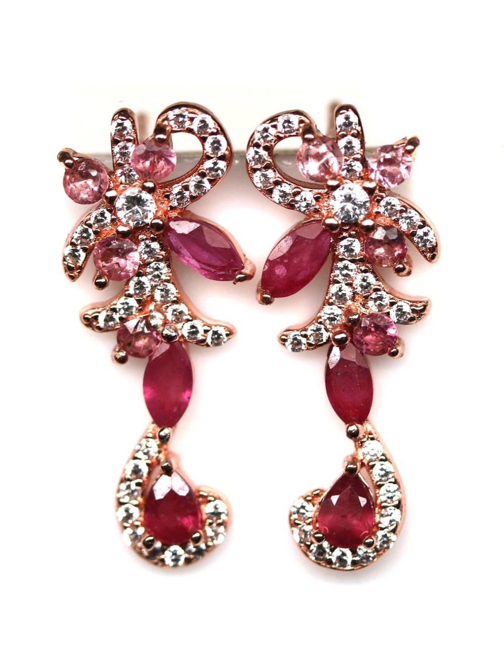 Elegant genuine Pink Ruby & Sapphire Drop Earrings 925 Sterling Silver